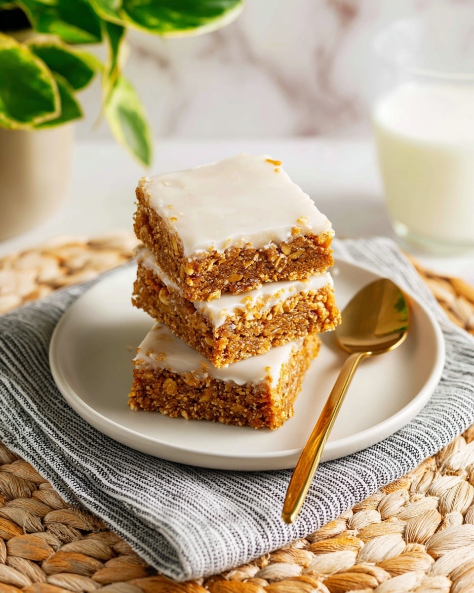 A stack of four square oat bars is placed on a plain white plate. Each bar has a rough, crumbly texture with a golden brown color and a thin layer of white glaze on top. The bars look soft and slightly chewy, with visible oats inside. A gold spoon lies next to the stack, resting on the plate. The plate sits on a gray and white striped cloth, layered over a braided woven mat. In the background, out of focus, there is a white jug with wooden utensils and a white pot holding green leafy plants. The surface underneath is a smooth white marbled texture. photo taken with an iphone --ar 4:5 --v 7