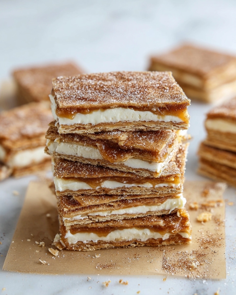 A large rectangular dessert with two visible layers sits on a white marbled surface, contained in a white baking tray lined with foil. The bottom layer is a light brown crisp base, possibly made of crackers or baked dough. The top layer is a thick, fluffy white cream spread evenly, covered generously with a fine dusting of light brown cinnamon powder, giving it a soft, uneven textured look. The edges of the cream slightly spill over the base, showing a smooth and creamy consistency. photo taken with an iphone --ar 4:5 --v 7