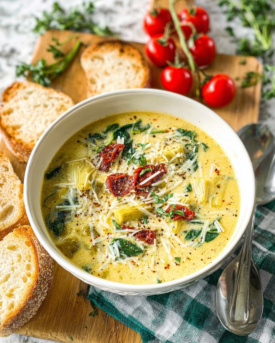A close-up of a creamy soup served in a white bowl on a white marbled surface with a striped cloth underneath. The soup has a light yellow, slightly frothy broth filled with several layers: at the bottom, tender artichoke hearts with pale green and yellow tones; scattered dark green leafy pieces; dried red chili peppers adding a deep red color; topped with shredded white cheese and freshly cracked black pepper. A metal spoon rests inside the bowl, partially dipped in the soup. Photo taken with an iphone --ar 4:5 --v 7