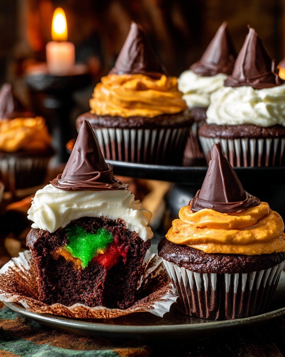 Thirteen chocolate cupcakes in shiny golden wrappers sit on a round black cooling rack, arranged in close groups. Each cupcake has a small, thick dollop of smooth colored frosting in the center on top, with colors including green, blue, red, and orange. The cupcakes are set on a wooden table with a white marbled texture and surrounded by dark glass bottles, tall candles, and stacked books with colorful spines. A dark metal knife with an ornate handle is lying on the table near a folded yellow cloth. The overall scene feels cozy and warm with deep, rich tones. Photo taken with an iphone --ar 4:5 --v 7
