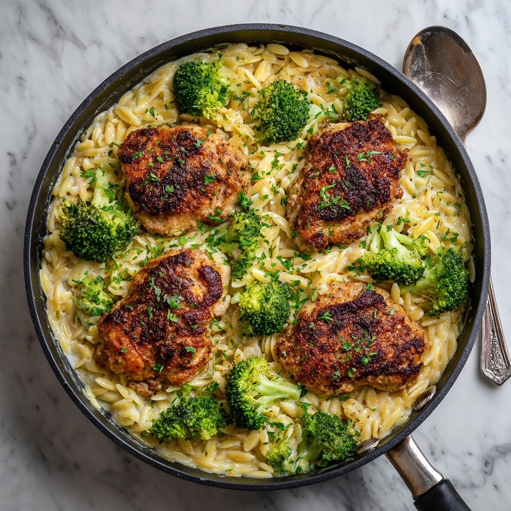 The image shows a white bowl filled with a creamy pasta dish, consisting of small yellow orzo noodles covered in a light creamy sauce and mixed with bright green broccoli florets. On top, there are five browned, crispy chicken pieces sprinkled with fresh green herbs, arranged to cover part of the pasta. The broccoli is nestled around and partly under the chicken. The bowl is placed on a white marbled surface with a spoon beside it. The photo taken with an iphone --ar 4:5 --v 7