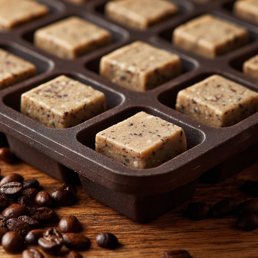 The image shows four small square pieces of light beige fudge with tiny dark specks inside, which are placed on and around a clear, textured glass dish. The fudge pieces have a smooth but slightly crumbly texture. Around the fudge squares, there are several dark brown coffee beans scattered on a light blue surface with a soft pattern. The scene is simple, with a soft, bright light highlighting the creamy fudge and glossy beans. photo taken with an iphone --ar 4:5 --v 7