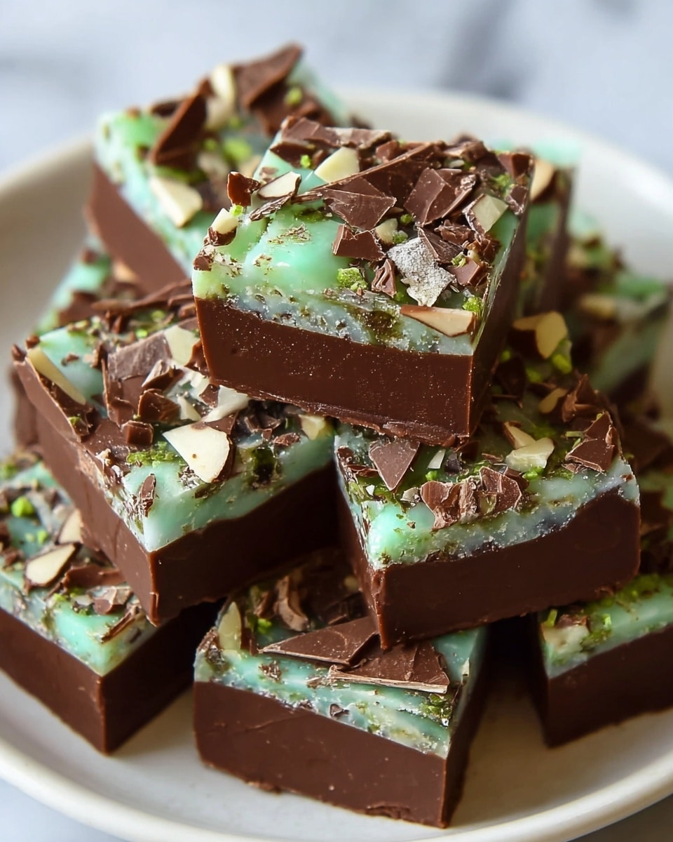 This image shows a close-up of several square pieces of chocolate fudge stacked on a white plate. Each piece has two layers: the bottom layer is smooth, rich dark brown chocolate fudge, and the top layer is covered with crushed pieces of light green and brown mint chocolate candies, which add a rough, textured look. The edges of the fudge pieces are clean and sharp, showing the firm but soft consistency of the chocolate. The white plate sits on a white marbled textured surface, giving a bright and clean background to the rich colors of the fudge. photo taken with an iphone --ar 4:5 --v 7