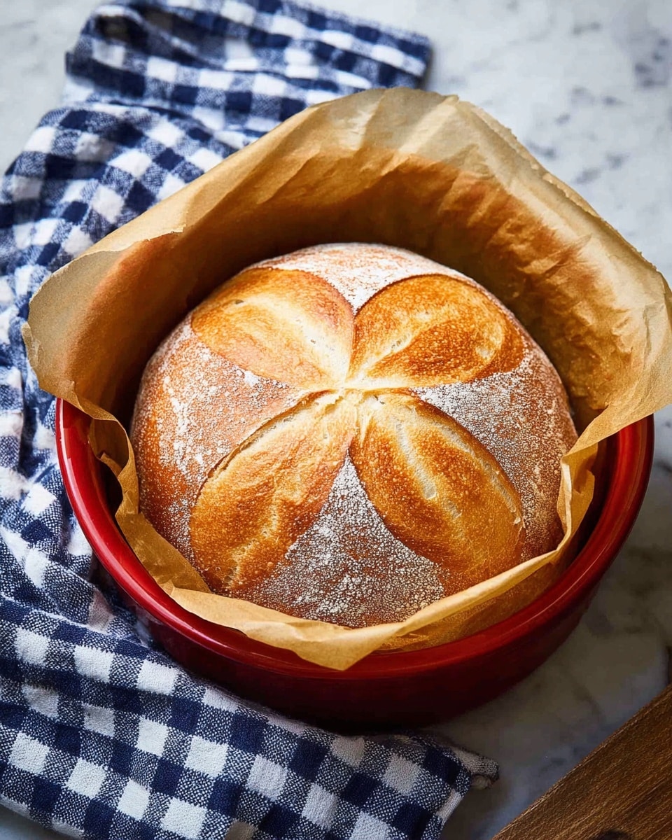 A round loaf of bread with a golden-brown crust sits in a red ceramic bowl lined with parchment paper. The bread has a decorative pattern on top, carved with petal-shaped cuts showing a lighter, toasted texture inside each petal. The bowl is placed on a white marbled surface with a blue and white checkered towel nearby, adding a cozy and fresh touch to the setting. Photo taken with an iphone --ar 4:5 --v 7