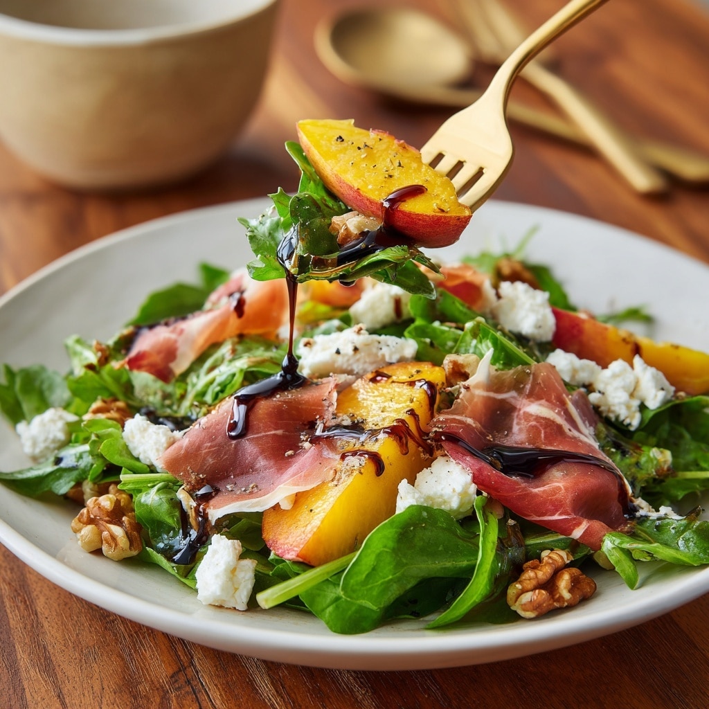 A white plate holds a fresh salad with a base layer of bright green arugula leaves spread evenly. On top of that, there is a layer of white, crumbly cheese scattered across the arugula. Over the cheese, several thin folds of pinkish prosciutto are placed, interspersed with vibrant orange-yellow peach slices. Pieces of brown walnuts are sprinkled across the whole dish, adding rough texture and contrast. The salad is finished with dark, glossy balsamic glaze drizzled unevenly over everything, and a light sprinkle of black pepper. The plate is set on a white marbled surface next to a gray and white striped cloth. Photo taken with an iphone --ar 4:5 --v 7