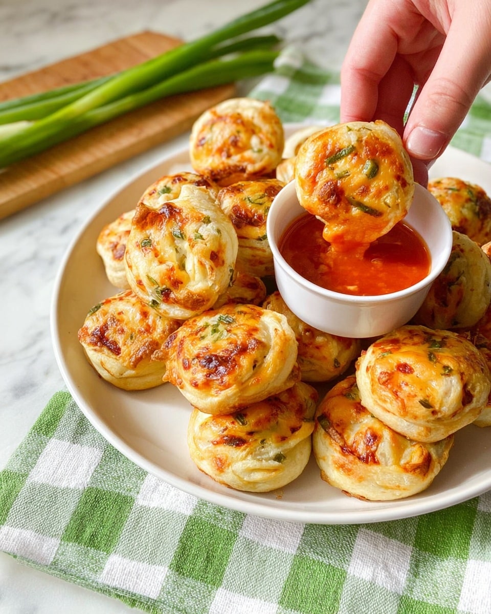 A white plate holds many small, round, golden-brown pastries with visible layers of flaky dough and bits of green herbs inside. One pastry is being dipped into a small white bowl filled with bright red sauce, showing its slightly crispy and cheesy texture. The plate is placed on a green and white checkered cloth over a white marbled surface. In the lower part of the image, two fresh green onions rest on the cloth near the plate, and a woman's hand is holding one pastry above the sauce. photo taken with an iphone --ar 4:5 --v 7