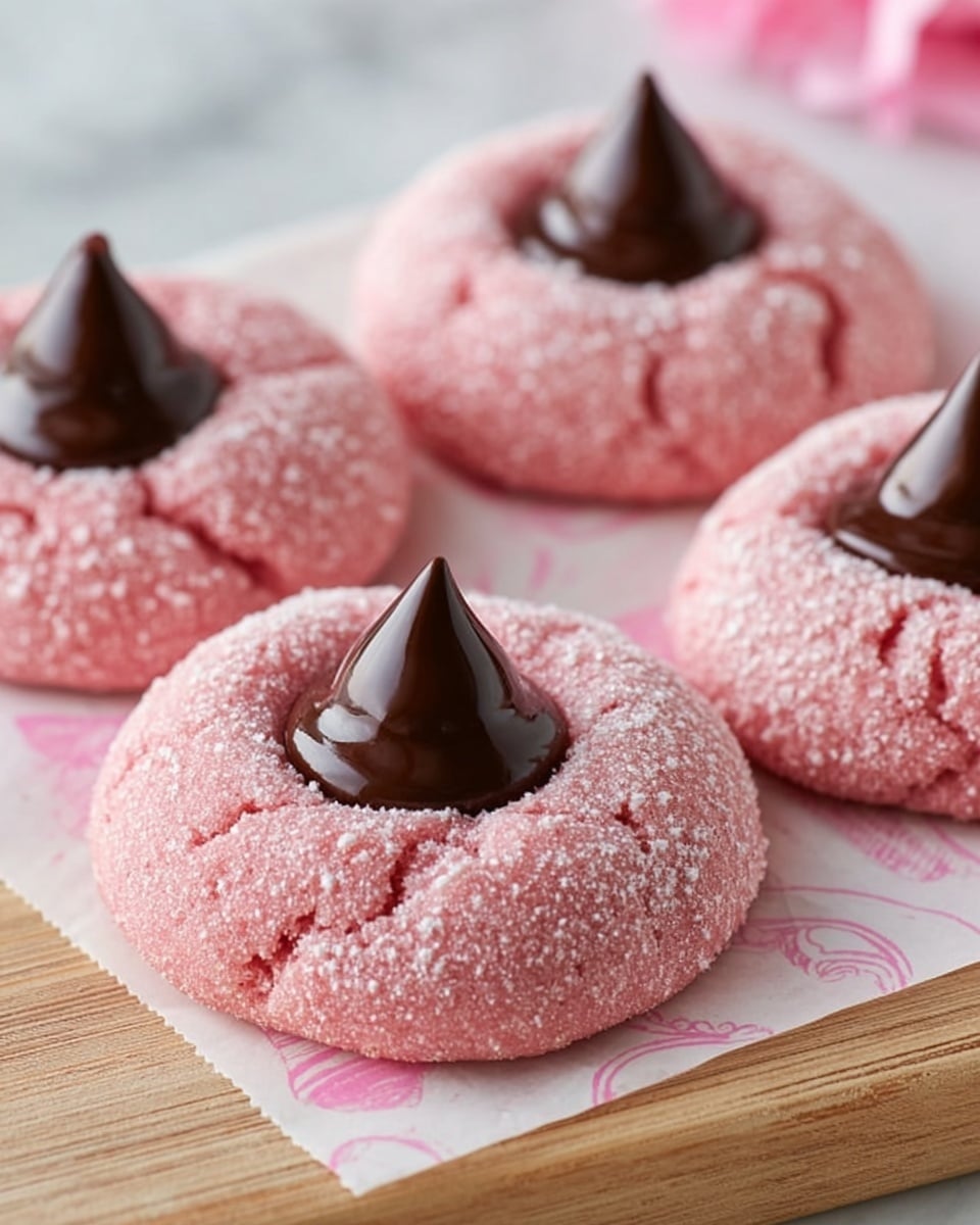 The image shows four soft, round cookies with a pink, slightly grainy texture dusted with white powdered sugar. Each cookie has a dark, glossy chocolate drop placed in the center, standing upright like a small cone. The cookies sit on white parchment paper with a faint pink design, all positioned on a light wooden surface, and all of this is set against a white marbled background. photo taken with an iphone --ar 4:5 --v 7