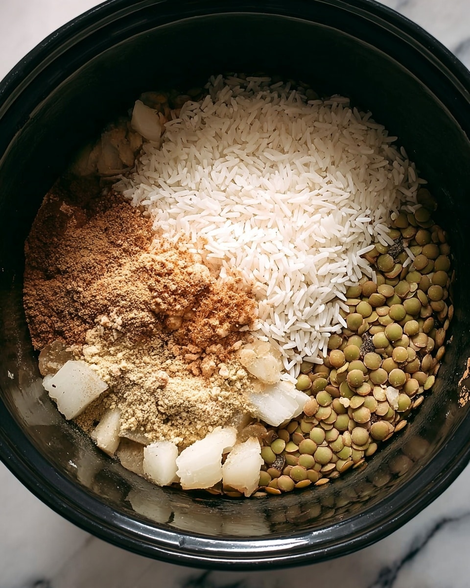 A close-up view of a bowl filled with thick lentil soup that has a textured mix of soft brown lentils and visible small chunks, giving it a hearty look. The soup is topped with chopped green onions, adding a fresh pop of bright green color on top in the center. The bowl is white with a patterned rim and sits on a light gray cloth with subtle folds, creating a soft background. Next to the bowl, there is a white-handled spoon with a shiny silver scoop. The whole setting is placed on a white marbled texture surface. photo taken with an iphone --ar 4:5 --v 7