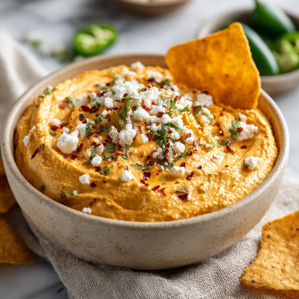A white bowl filled with a thick orange dip, topped with small white crumbly cheese and green herb pieces scattered evenly on top. The bowl sits on a white plate surrounded by light brown, slightly charred pita bread cut into triangles, arranged in a circular pattern. The entire setup is placed on a white marbled surface, adding a clean background that highlights the colors of the food. Photo taken with an iphone --ar 4:5 --v 7