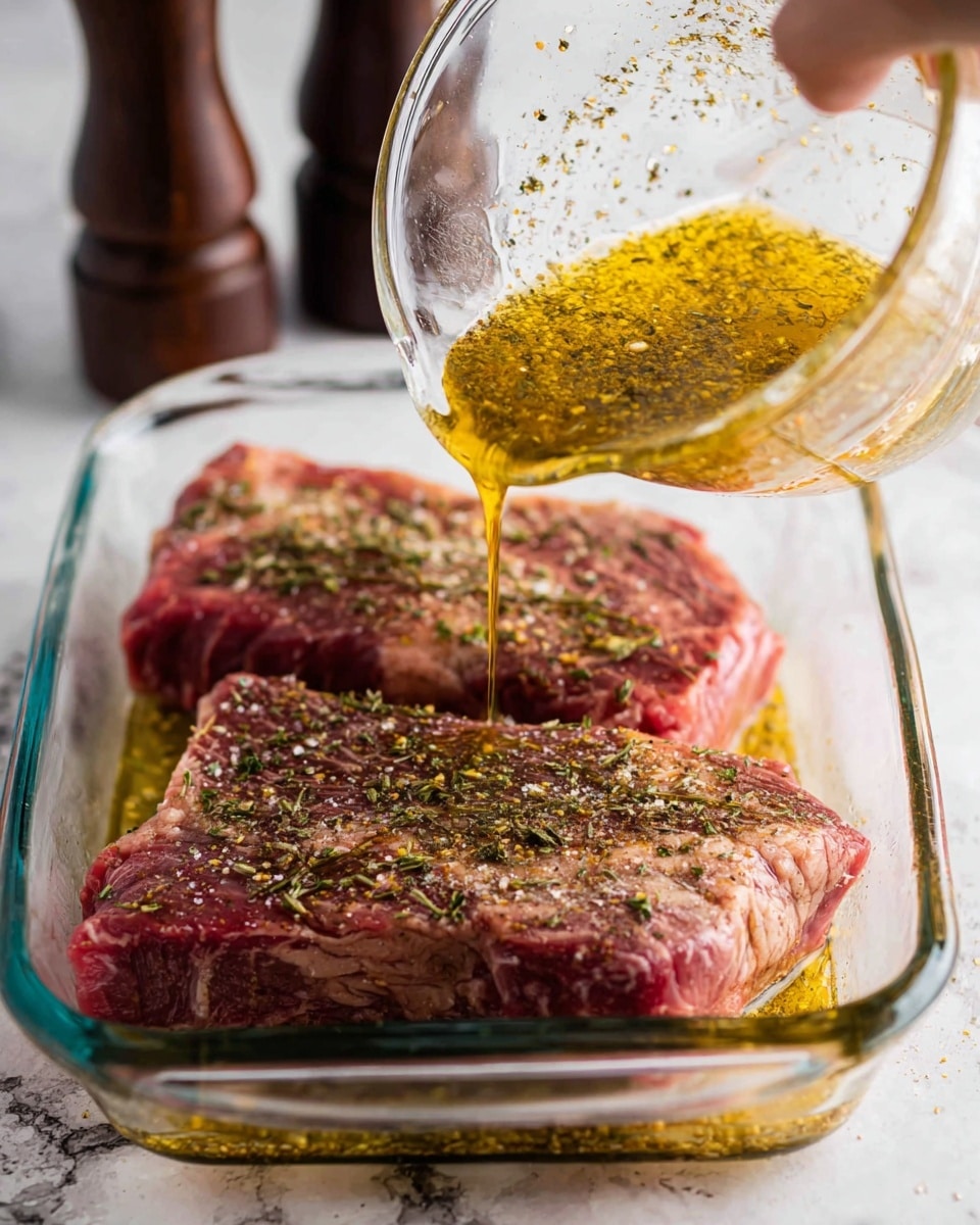 Two raw steaks lie flat in a clear glass rectangular dish, each steak has a rich red color with marbled fat and is sprinkled with dried herbs and black pepper. A woman's hand pours golden yellow oil mixed with herbs from a clear glass measuring cup over the left steak, creating a glossy texture on the meat. In the blurred background, there are two dark wooden pepper mills standing upright. The dish is set on a white marbled surface with soft lighting that highlights the freshness and texture of the ingredients. Photo taken with an iphone --ar 4:5 --v 7