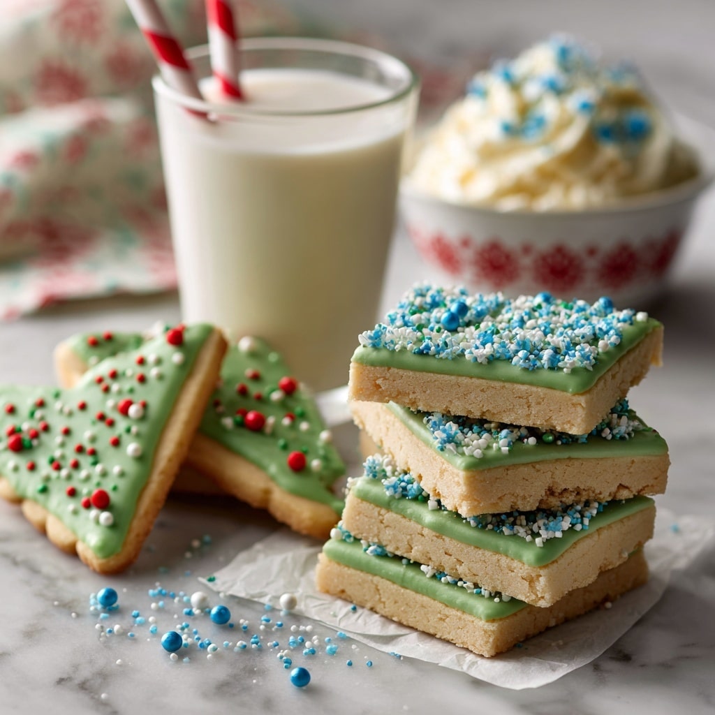 The image shows triangle-shaped cookies with two main layers. The bottom layer is thick, light beige, soft-looking cookie dough. The top layer is a smooth green frosting that covers the entire surface evenly and is decorated with small round sprinkles in red, white, green, and tiny dark green dots spread on it. In the background, there are square cookies with a similar beige bottom layer but topped with white frosting and blue sprinkles. All the cookies rest on a clear glass plate placed on a white marbled surface. The close-up highlights the texture contrast between the soft cookie base and the smooth frosting on top. photo taken with an iphone --ar 4:5 --v 7