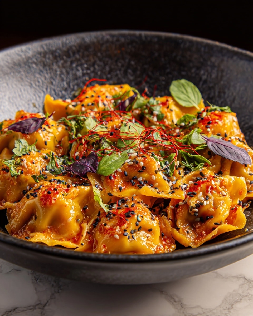 A black oval dish holds a bed of cooked, brownish-orange noodles with a slightly glossy texture, topped with a layer of eight plump, light beige dumplings with a shiny, soft surface. Each dumpling is garnished with bright green clustered microgreens and thin slices of red chili scattered evenly over the dish. Small round slices of green onion are placed throughout, adding a fresh touch. The dish is sprinkled lightly with black sesame seeds, contrasting with the warm tones of the noodles and dumplings. The overall presentation is neat and colorful, set on a white marbled surface with a dark blue cloth nearby. Photo taken with an iphone --ar 4:5 --v 7