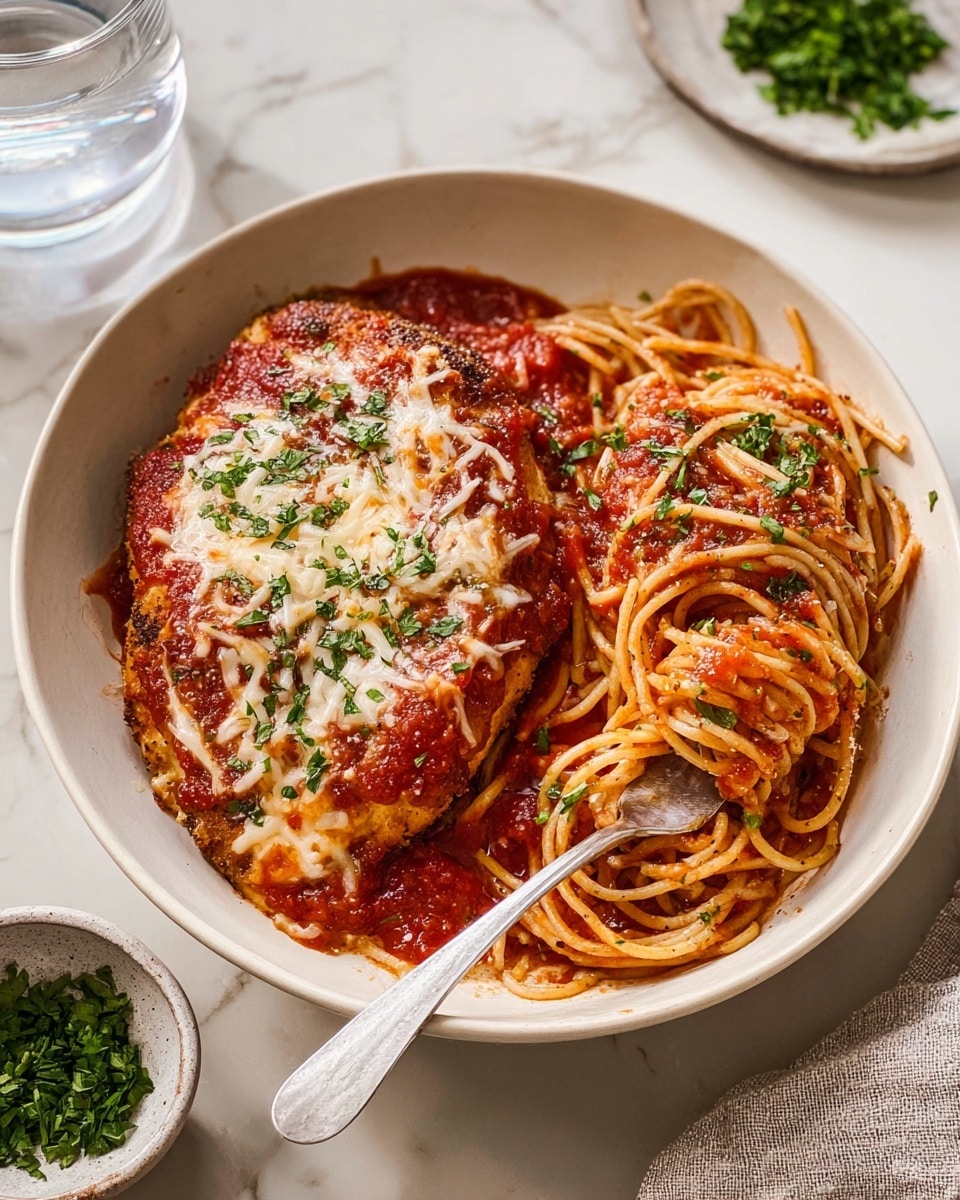 A white bowl holds a dish with a bottom layer of thick spaghetti noodles coated in a chunky, rich red tomato sauce with visible herbs, creating a textured and glossy base. On top, thick slices of breaded chicken breast are laid out, showing a golden-brown crust sprinkled with melted pale yellow cheese and garnished with small green herb bits. A silver fork is inserted into one chicken piece, lifting it to reveal the juicy white meat inside. The bowl is set on a white marbled surface. Photo taken with an iphone --ar 4:5 --v 7