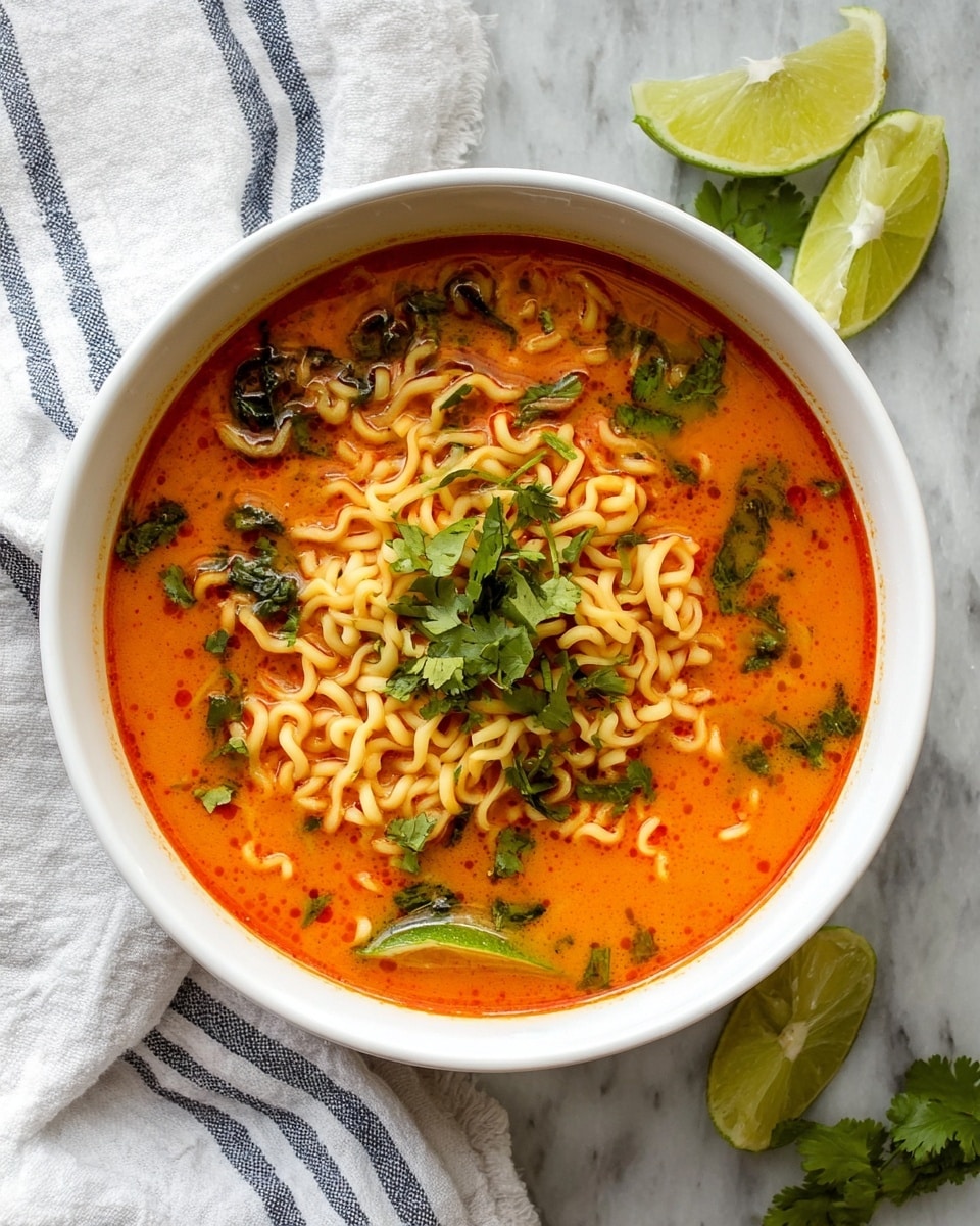 A white bowl filled with bright orange-red broth, floating with yellow curly ramen noodles lifted by a fork. The noodles have a soft, slightly glossy texture and are lifted above the bowl’s center. Inside the bowl, green herbs and small pieces of red and green vegetables scatter across the soup’s surface, adding fresh color contrast. A lime wedge rests partly submerged on the right side of the bowl. The bowl sits on a white marbled surface with a blurred white cloth with blue stripes in the background. photo taken with an iphone --ar 4:5 --v 7