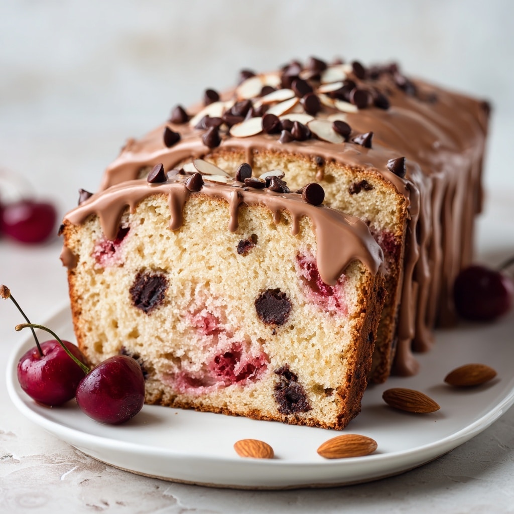 A slice of light brown crumbly cake with pink cherry pieces and thin almond slices baked inside sits on a white plate. The cake has a slightly uneven crust on top, darker golden brown at the edges. On the plate, near the top, are three whole bright red cherries with green stems, and one single cherry lies near the bottom edge. A few almond slices are scattered on the plate beside the cake. The whole scene is set against a white marbled textured background. photo taken with an iphone --ar 4:5 --v 7