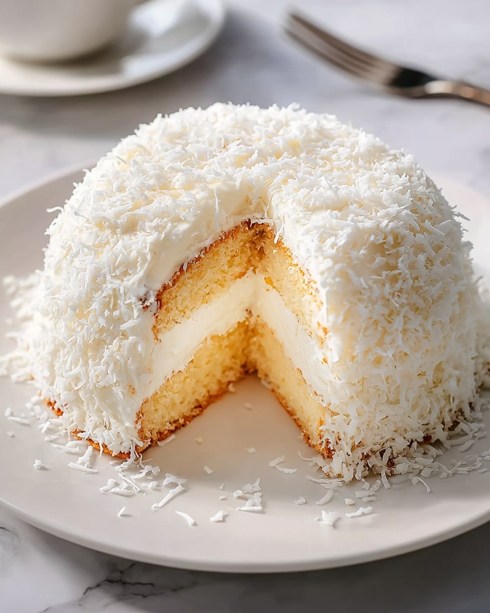 A two-layer round cake with light golden sponge layers and a thick white creamy frosting covering the entire outside. The cake has a slice cut out, showing the smooth white cream filling between the sponge layers. On top and around the base of the cake, there is a generous sprinkle of toasted white coconut flakes with some light brown edges. The cake is placed on a white plate with a thin gold rim, sitting on a white marbled surface. Photo taken with an iphone --ar 4:5 --v 7