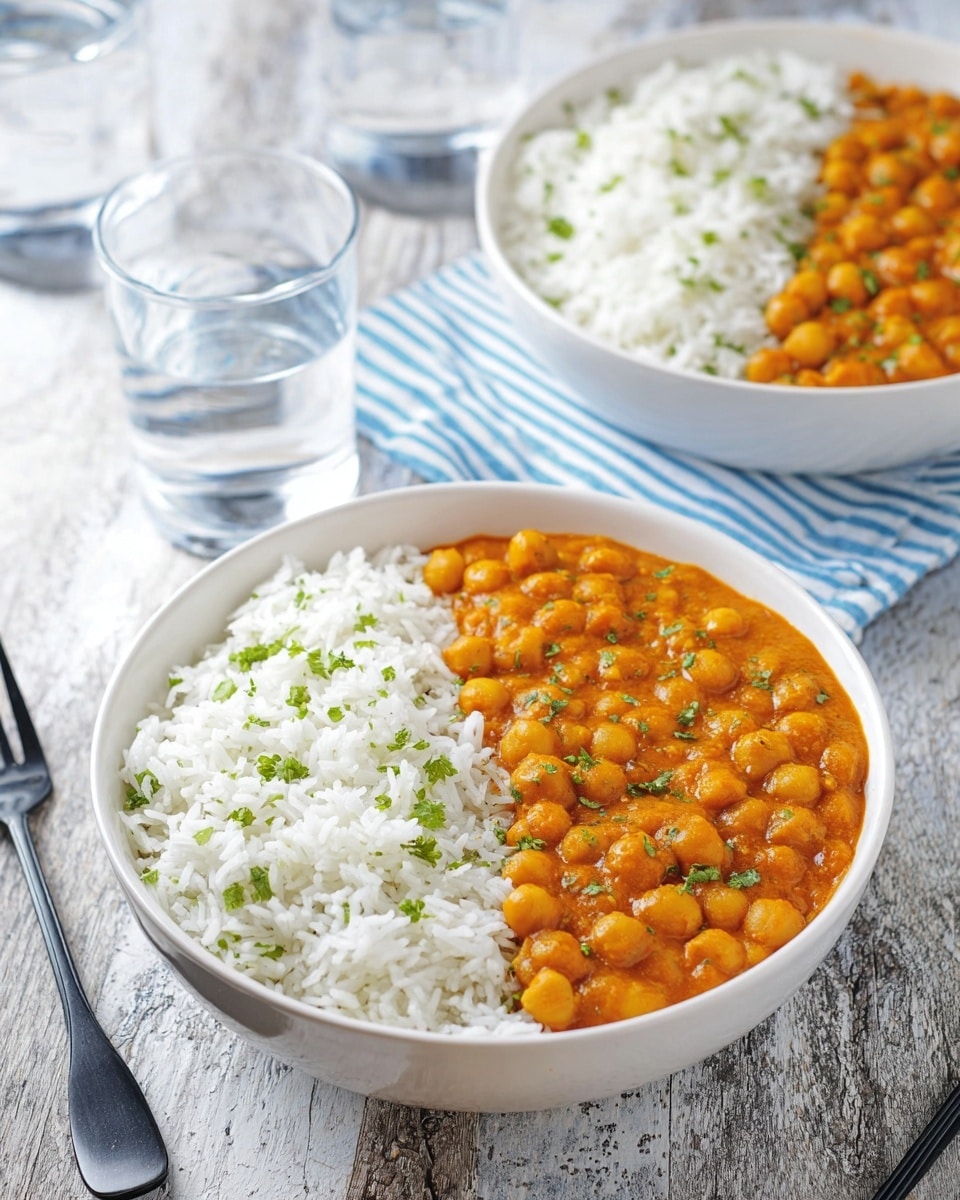 The image shows two round white bowls filled with food placed on a wooden table. Each bowl is divided into two even half layers: one half with white rice sprinkled with small green herb pieces, and the other half with a thick orange chickpea curry sauce, dotted with whole chickpeas and garnished with small green herbs. A clear glass of water sits to the side of the nearest bowl, a silver fork rests near the bottom left corner, and a blue and white striped cloth napkin is under the top bowl. The wooden table has a rustic look with visible knots and grain patterns. photo taken with an iphone --ar 4:5 --v 7