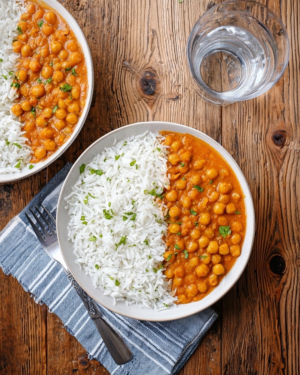 A white bowl filled halfway with white rice topped with small green herb bits on the left side, and thick orange chickpea curry with visible whole chickpeas on the right side, also sprinkled with green herbs. The bowl sits on a white marbled textured surface with a fork placed nearby, two clear glasses of water beside the bowl, and another similar white bowl in the background on a blue and white striped cloth. photo taken with an iphone --ar 4:5 --v 7
