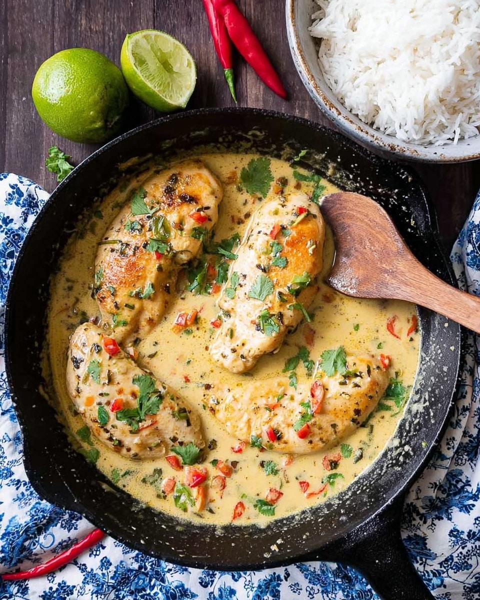 The image shows a black cast iron pan filled with four pieces of cooked chicken breasts in a creamy light yellow sauce with small pieces of red and green herbs and vegetables scattered throughout. Fresh green cilantro is sprinkled on top of the chicken, adding pops of color. A wooden spoon rests inside the pan on the right side, partially covered in the sauce. Around the pan, there is a blue and white cloth with a floral pattern, and a white bowl filled with white rice near the top right edge. On the left side of the pan, there are two halves of a green lime and a small red chili pepper on a dark wooden surface, replaced by a white marbled texture. Photo taken with an iphone --ar 4:5 --v 7