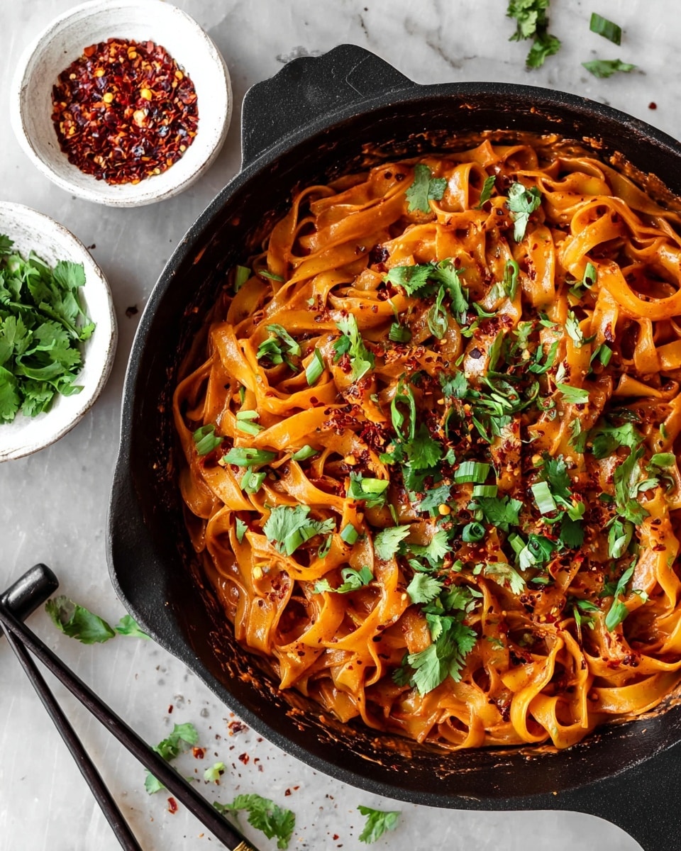 A close-up view of a black cast iron skillet filled with flat, wide noodles covered in a rich, creamy reddish-orange sauce. The noodles are slightly twisted and coated fully by the sauce, which has specks of red chili flakes scattered throughout. Bright green chopped cilantro leaves are sprinkled generously on top, adding a fresh contrast. Nearby, there are two small white bowls, one containing red chili flakes and the other with fresh cilantro, placed on a white marbled surface. A pair of black chopsticks rest to the side, and some scattered cilantro and chili flakes are visible on the surface around the skillet. photo taken with an iphone --ar 4:5 --v 7