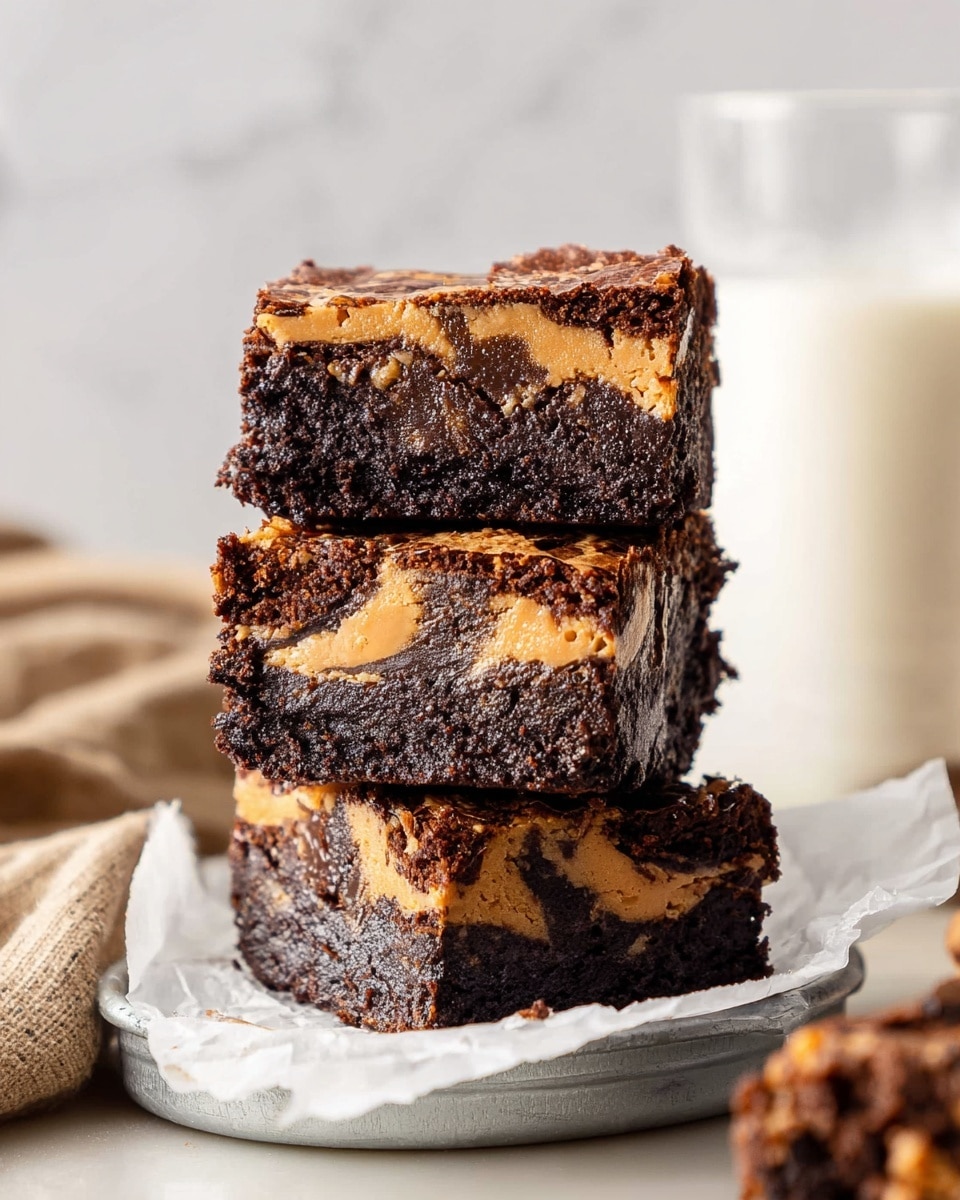 A group of dark chocolate brownies cut into neat squares lie on a crinkled piece of light brown parchment paper on a white marbled surface. Each brownie has swirls of smooth peanut butter in golden brown color, mixed with scattered pieces of crunchy peanut cookie bits on the top, creating an interesting marbled texture. The brownies look thick, soft, and moist with a rich dark brown base and lightened by the creamy peanut butter swirls. Nearby, a white bowl filled with glossy peanut butter, a clear glass of milk, a white bowl with dark chocolate chunks, and a knife with a wooden handle lie casually on the white marbled surface. photo taken with an iphone --ar 4:5 --v 7