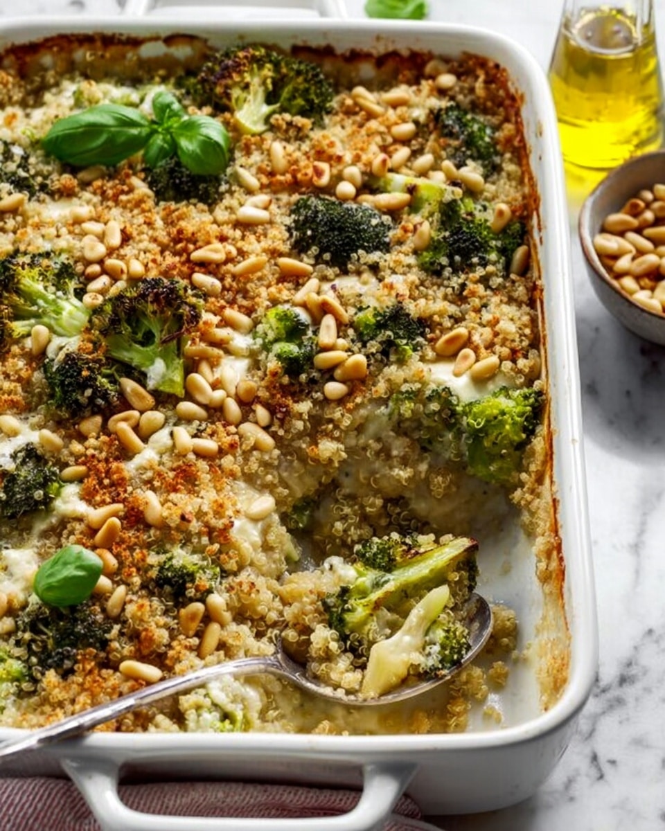 A white rectangular baking dish filled with a layered broccoli quinoa casserole, showing a textured top layer of golden-brown toasted pine nuts scattered evenly, with vibrant green broccoli florets partly submerged in the creamy quinoa below. The quinoa layer beneath appears slightly fluffy and light beige, mixed with small bits of white cheese that add a melted, gooey texture. A silver spoon scoops a portion from the corner, revealing the moist quinoa and broccoli mixture underneath the crispy top. Small fresh basil leaves decorate the top, and the dish sits on a white marbled surface next to a bowl of pine nuts and a jar of olive oil. Photo taken with an iphone --ar 4:5 --v 7