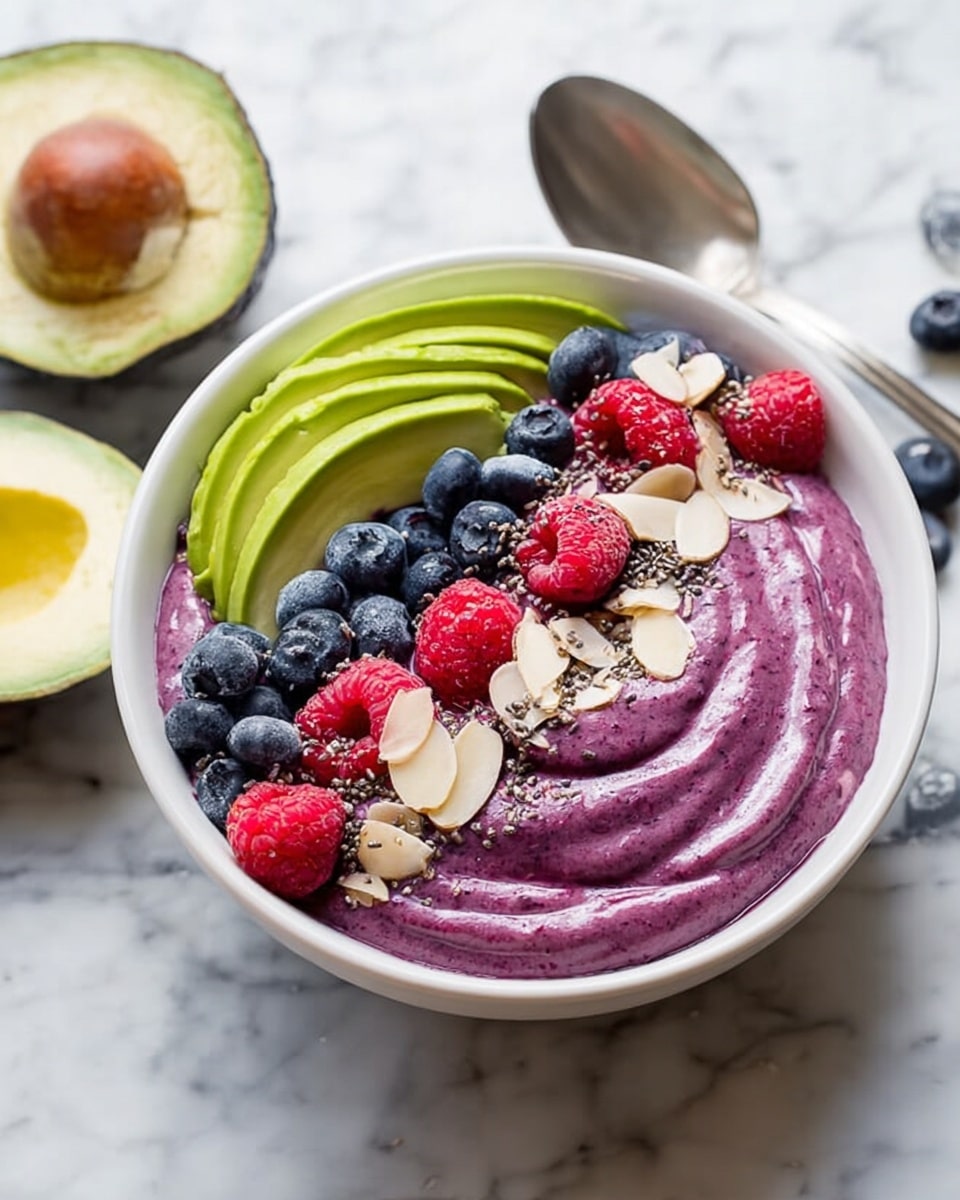 A white bowl filled with a smooth, thick purple smoothie base. On top, there is one curved slice of green avocado placed on the left side, a handful of fresh dark blue blueberries and red raspberries scattered in the center, and thin light brown almond slices sprinkled all over. Tiny black chia seeds are spread lightly across the whole top layer. The bowl is on a white marbled surface, with part of another similar bowl visible in the background on the left, and half a green avocado placed next to it. To the right, there is a silver spoon resting on the surface and a small white bowl with blue dots filled with extra almond slices. Photo taken with an iphone --ar 4:5 --v 7