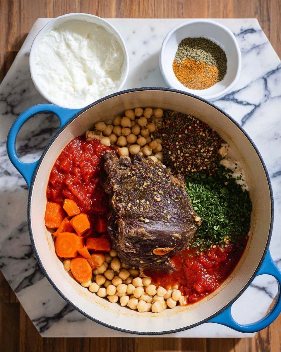 The image shows a white bowl filled with a rich stew that has about three layers. The top layer consists of shredded, tender brown meat pieces, textured with some fat and spices. Beneath the meat, there is a thick orange-brown sauce that coats the other ingredients. The middle layer has round, light tan chickpeas and bright orange carrot slices. Small green peas are scattered among the chickpeas and carrots, adding color contrast. A silver spoon rests in the bowl, touching the stew on the right side. The bowl sits on a white marbled surface. photo taken with an iphone --ar 4:5 --v 7