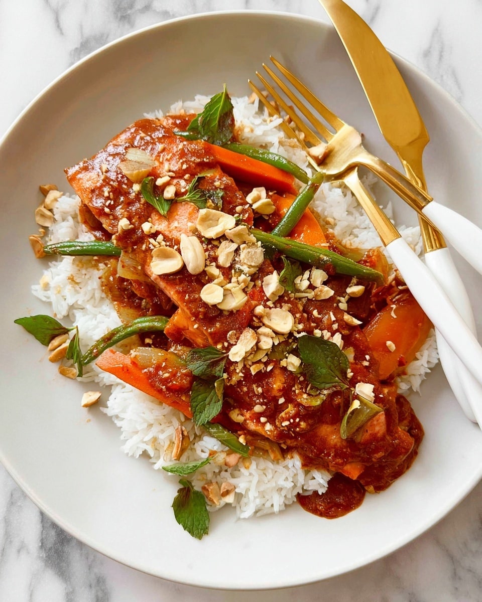 The image shows a close-up view of a white plate with a dish made of white rice at the base, topped with pieces of pinkish cooked chicken. A thick, deep reddish-brown sauce is being poured over the chicken from a spoon, creating a wet glistening texture on the chicken and rice. Scattered around the dish are green bay leaves and small bits of crushed nuts. The whole plate rests on a white marbled surface. Photo taken with an iphone --ar 4:5 --v 7