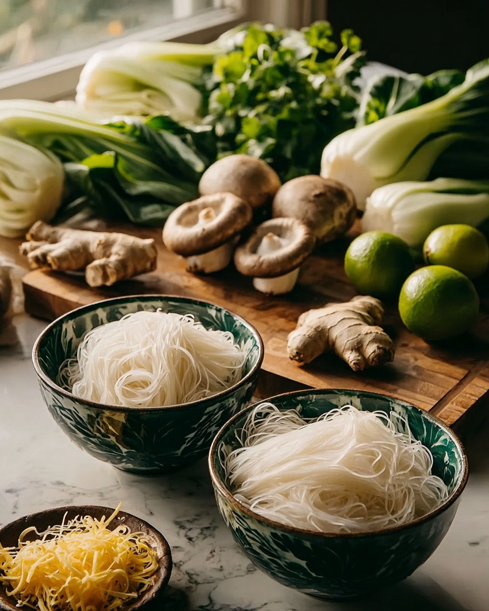 A white bowl with a wooden outer rim holds a vibrant noodle soup. The bottom layer is a clear, golden broth dotted with small oil droplets. Floating in the broth are bright orange carrot slices, green celery pieces, and wilted dark green leafy vegetables. On top of this, there is a nest of smooth, white rice noodles. The top layer is garnished with fresh, chopped cilantro leaves, sliced green onions, and a sprinkle of red chili flakes, adding color and texture. A silver spoon is partially submerged on the right side of the bowl, resting against the noodles. The bowl sits on a white marbled surface. photo taken with an iphone --ar 4:5 --v 7