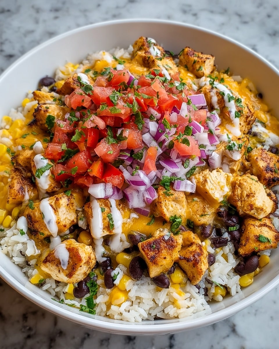 A white bowl filled with a base layer of white rice mixed with yellow corn kernels. On top, there are grilled chicken chunks with a light brown, slightly crispy texture. Scattered black beans appear throughout the layer. A layer of melted yellow cheese covers parts of the chicken, with a drizzle of white sauce adding contrast. The top layer consists of chopped red tomatoes, diced purple onions, and fresh green herbs sprinkled evenly over the dish. The bowl sits on a white marbled surface. photo taken with an iphone --ar 4:5 --v 7