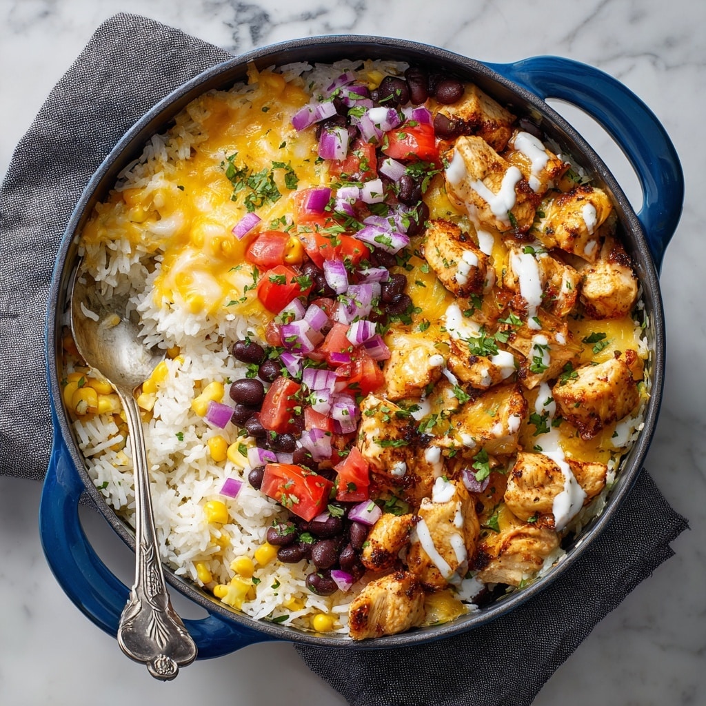 A blue pot filled with a colorful baked dish made of six pieces of chicken topped with melted white cheese and sprinkled with fresh green herbs. Underneath and around the chicken is a mix of light yellow quinoa, bright yellow corn kernels, black beans, small chunks of red bell pepper, and finely chopped onions, creating a vibrant texture. The pot sits on a gray cloth over a white marbled surface, with a silver spoon resting inside the pot near the left edge. photo taken with an iphone --ar 4:5 --v 7