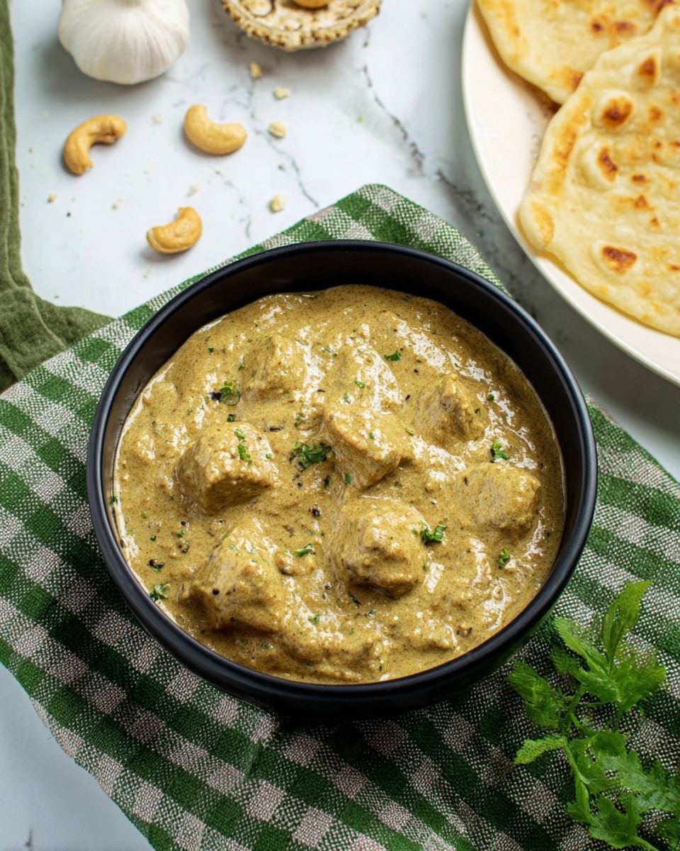 A black bowl filled with thick, creamy, light beige curry with green herb specks and large chunks of tender meat, placed on a green and white checkered cloth over a white marbled surface. Around the bowl are garlic cloves and cashew nuts scattered casually, adding texture to the scene. To the right, a white plate holds folded, golden-brown flatbread with a soft, slightly flaky texture visible in the layers. A small sprig of green herb rests near the plate, adding a fresh touch. The image is bright and clear with a natural look. photo taken with an iphone --ar 4:5 --v 7