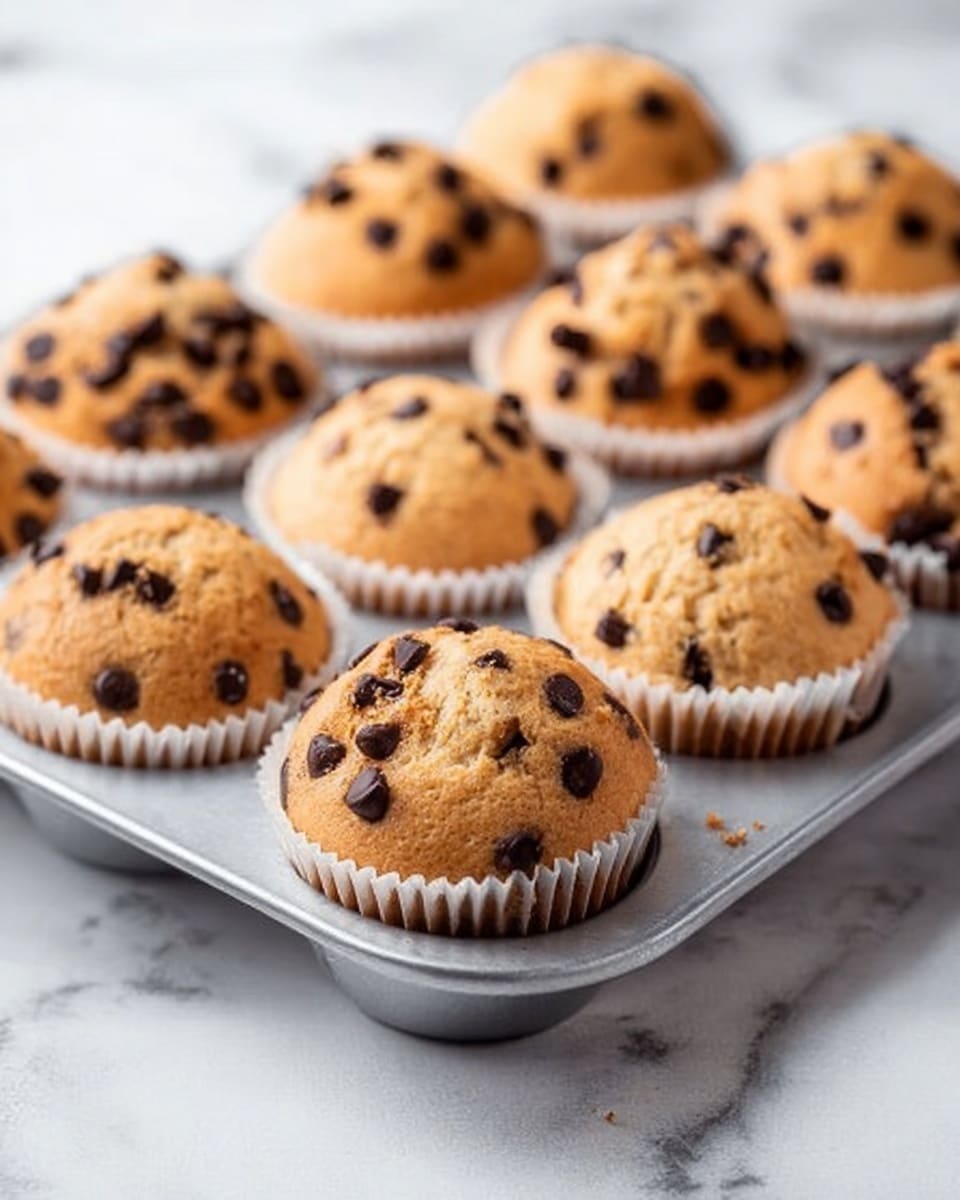 The image shows a close-up of two chocolate chip muffins stacked on a white plate. The bottom muffin has a smooth golden-brown top with small chocolate chips visible just beneath the surface, contained in a white paper wrapper that has slight ridges. On top of it, there is a half muffin facing forward, showing a dense, moist interior full of chocolate chips, with a lighter brown crumb texture and some melted chocolate spots. In the background, there is a blurred bottle of milk and more muffins on a white marbled surface, with a few chocolate chips scattered around the plate's base. Photo taken with an iphone --ar 4:5 --v 7