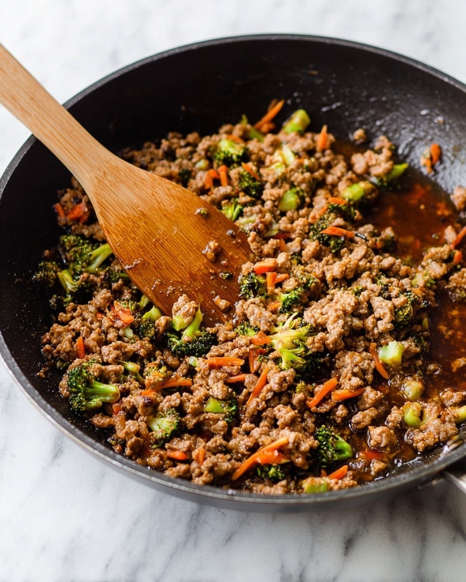 Two white bowls sit on a white marbled surface, each filled with a bottom layer of light brown rice that looks soft and slightly sticky. On top of the rice is a thick layer of cooked ground meat mixed with small pieces of orange carrot, dark green broccoli, and chopped green onions. The meat mixture is shiny with a sauce that adds a rich brown color, and white sesame seeds are sprinkled over everything. Wooden chopsticks rest on the edge of the top bowl, and small round dishes with chopped green onions and sesame seeds are placed nearby. A white cloth napkin lies folded beside the bowls. photo taken with an iphone --ar 4:5 --v 7