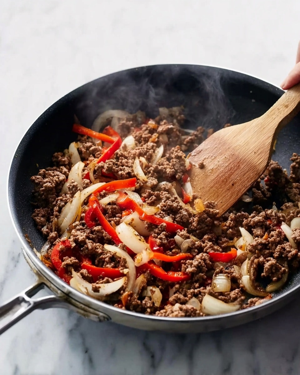 In a black frying pan set on a white marbled surface, there is a mix of cooked ground beef, sliced white onions, and thin red pepper strips. The beef looks brown and crumbly, mixed evenly with the translucent cooked onions and bright red pepper pieces. Some steam rises from the food, showing it is hot and fresh. A wooden spatula is resting in the pan, partially lifting the mixture, with a woman's hand holding the handle. photo taken with an iphone --ar 4:5 --v 7