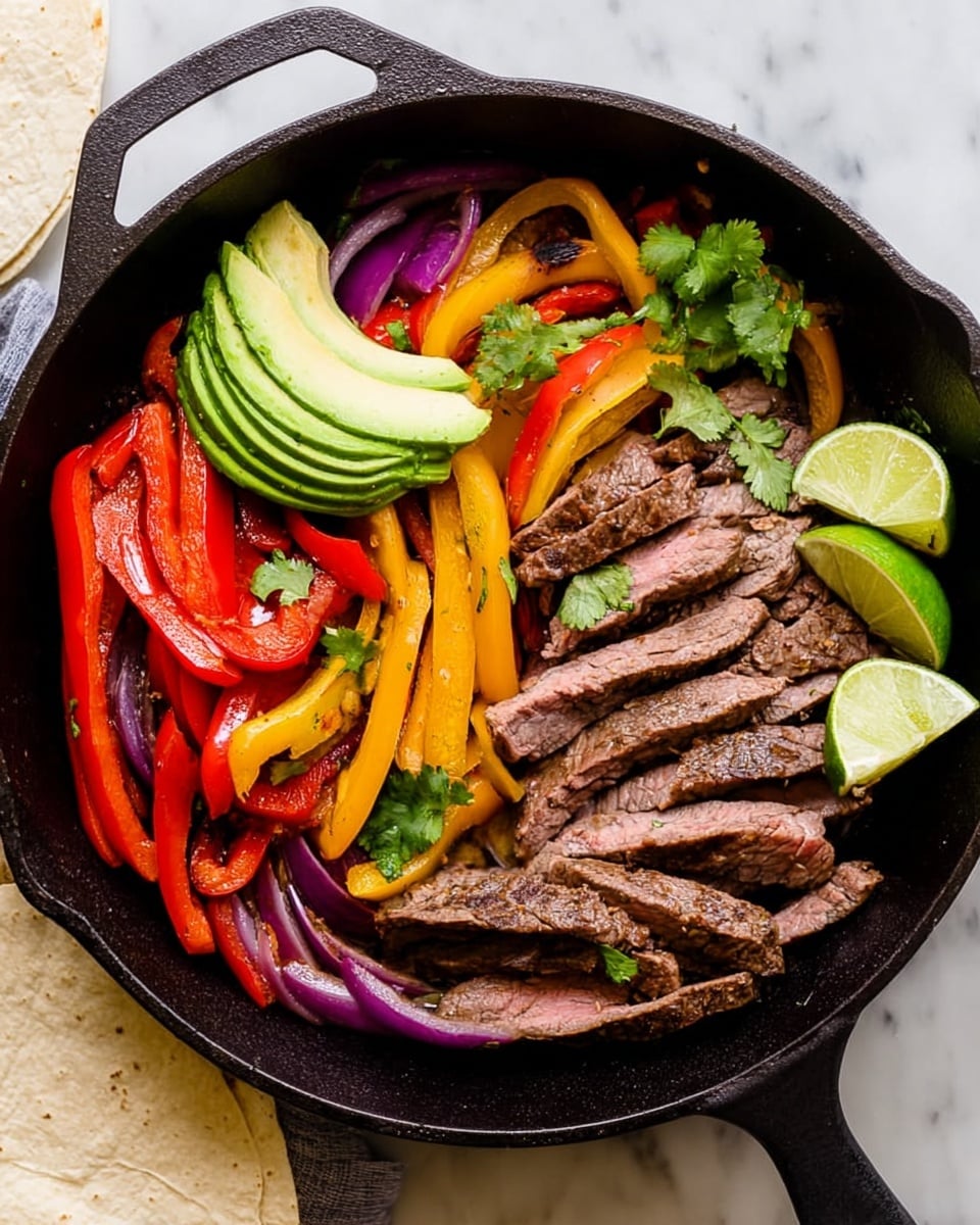 A black cast iron pan filled with colorful grilled vegetables and sliced steak. The bottom layer has thick strips of red, yellow, and green bell peppers mixed with thin purple onion slices and garnished with small bright green cilantro leaves. On the right side, there is a layer of cooked steak slices, showing a mix of brown and pink inside. On the left, there are three slices of fresh green avocado placed neatly. At the top right edge of the pan, three lime wedges add a bright touch. The pan is placed on a white marbled surface with a piece of white tortilla nearby. Photo taken with an iphone --ar 4:5 --v 7