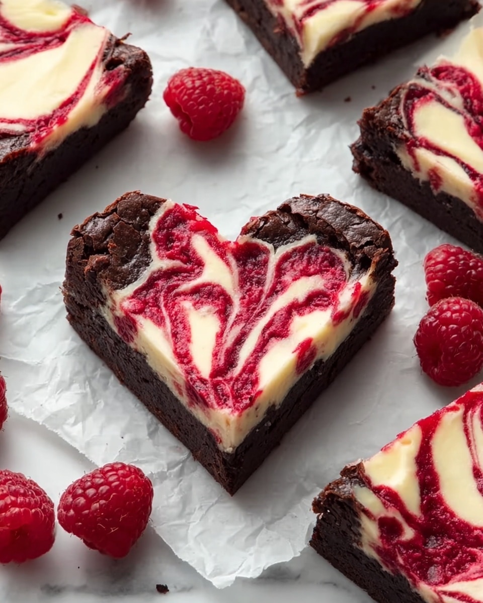 Four heart-shaped mini cheesecakes sit on white parchment paper on a metal cooling rack over a white marbled surface. Each cheesecake has two visible layers: a dark brown, crumbly chocolate crust base and a creamy, pale yellow cheesecake top swirled with bright red raspberry sauce in a marbled pattern. Fresh red raspberries are scattered around the cooling rack and on the white marbled background, with a white bowl filled with raspberries partially visible in the top right corner. A white cloth with red stripes is folded in the bottom left corner. photo taken with an iphone --ar 4:5 --v 7