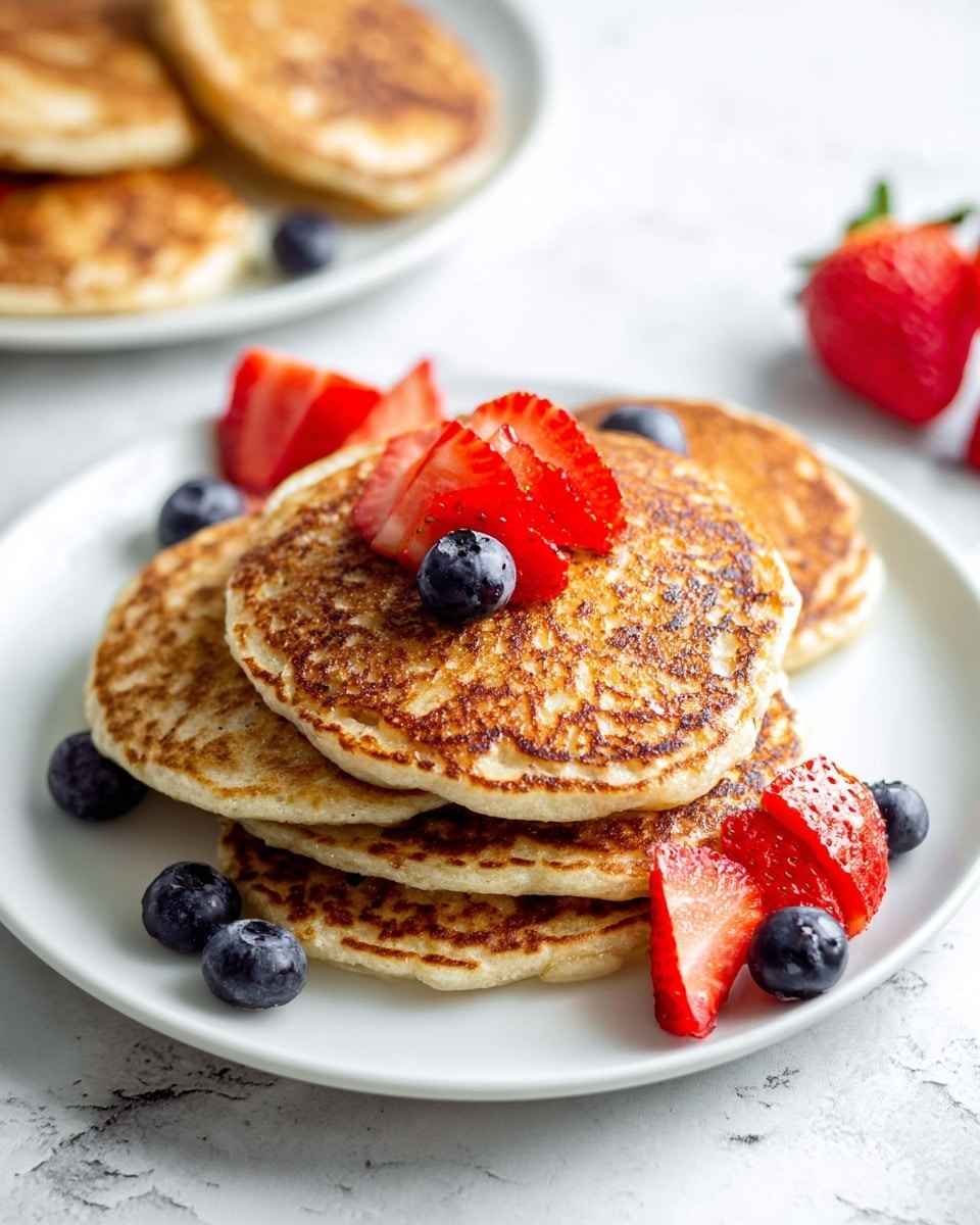 A white plate holds a stack of six golden brown pancakes, each with a slightly textured surface showing they are cooked evenly. The pancakes vary slightly in shade from light to darker brown. On top of the stack, there are three bright red strawberry halves with visible seeds and white inner parts, placed near the center and to the right side. Scattered around and on the pancakes are several round blueberries with a deep blue-purple color. The plate sits on a white marbled surface that softly reflects light. In the background, part of another white plate with more pancakes and fruit is slightly blurred. Photo taken with an iphone --ar 4:5 --v 7