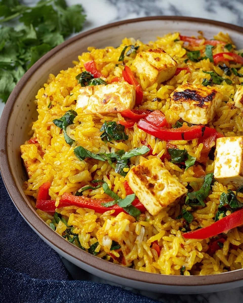 A close-up view of a bowl filled with vibrant yellow rice mixed with bright red bell pepper strips, green leafy herbs, and white cubes of grilled paneer cheese with slight brown charring on some edges, all evenly mixed together. The bowl is white with a brown rim and sits on a white marbled surface next to some green cilantro leaves and a piece of dark blue fabric. The textures show fluffy rice grains, tender vegetables, and firm cheese cubes, making a colorful and appetizing dish. photo taken with an iphone --ar 4:5 --v 7