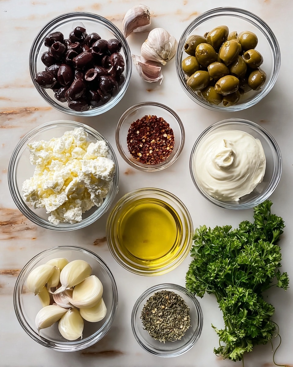 A top-down view shows nine clear glass bowls and three food items placed on a white marbled surface. From the top left, there is a bowl filled with dark sliced black olives, a bowl to the right with whole green olives, and a small bowl next to it containing red chili flakes. Below, there is a bowl with thick white cream or mayonnaise, and to the left of it, a bowl with white, fluffy cheese or ricotta, and to the left of that a bowl with chopped pieces of garlic. At the bottom left are two whole garlic cloves, a bowl with golden olive oil, a small bowl with more red chili flakes, and a small bowl filled with dried green herbs. Near the bottom right corner lies a small bunch of fresh green parsley. The clear bowls contrast with the food’s colors creating a neat, organized ingredient layout. Photo taken with an iphone --ar 4:5 --v 7