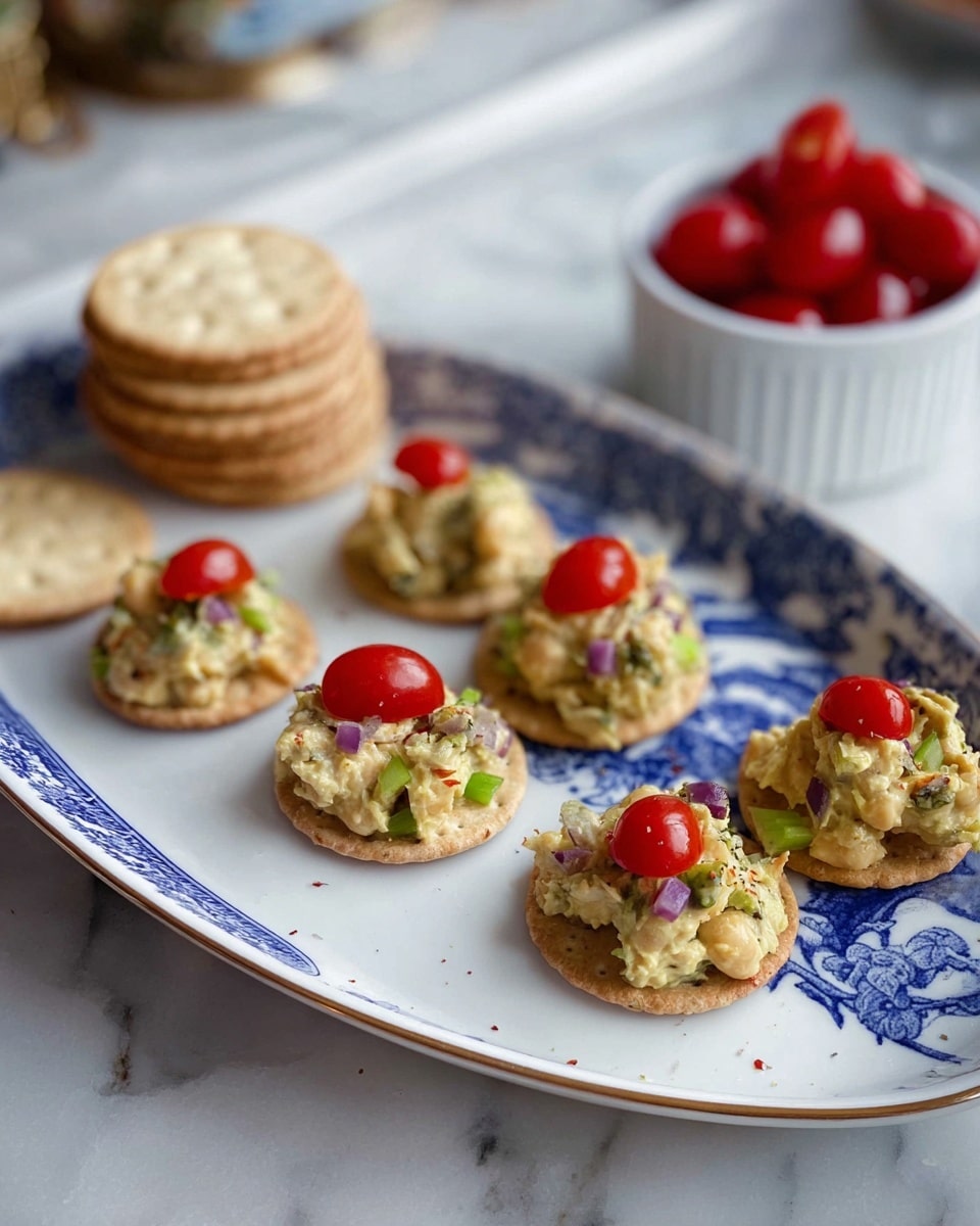 A bowl filled with a chunky salad showing multiple layers of finely chopped ingredients, including pale yellow shredded pieces, small bright red tomato chunks, and bits of purple onion scattered throughout. The salad is garnished with fresh green dill sprigs on top. The bowl has a light, speckled exterior with a brown rim and sits on a white marbled surface. Around the bowl, there is a neat row of round, toasted crackers with visible seeds, arranged on a wooden board. Photo taken with an iphone --ar 4:5 --v 7