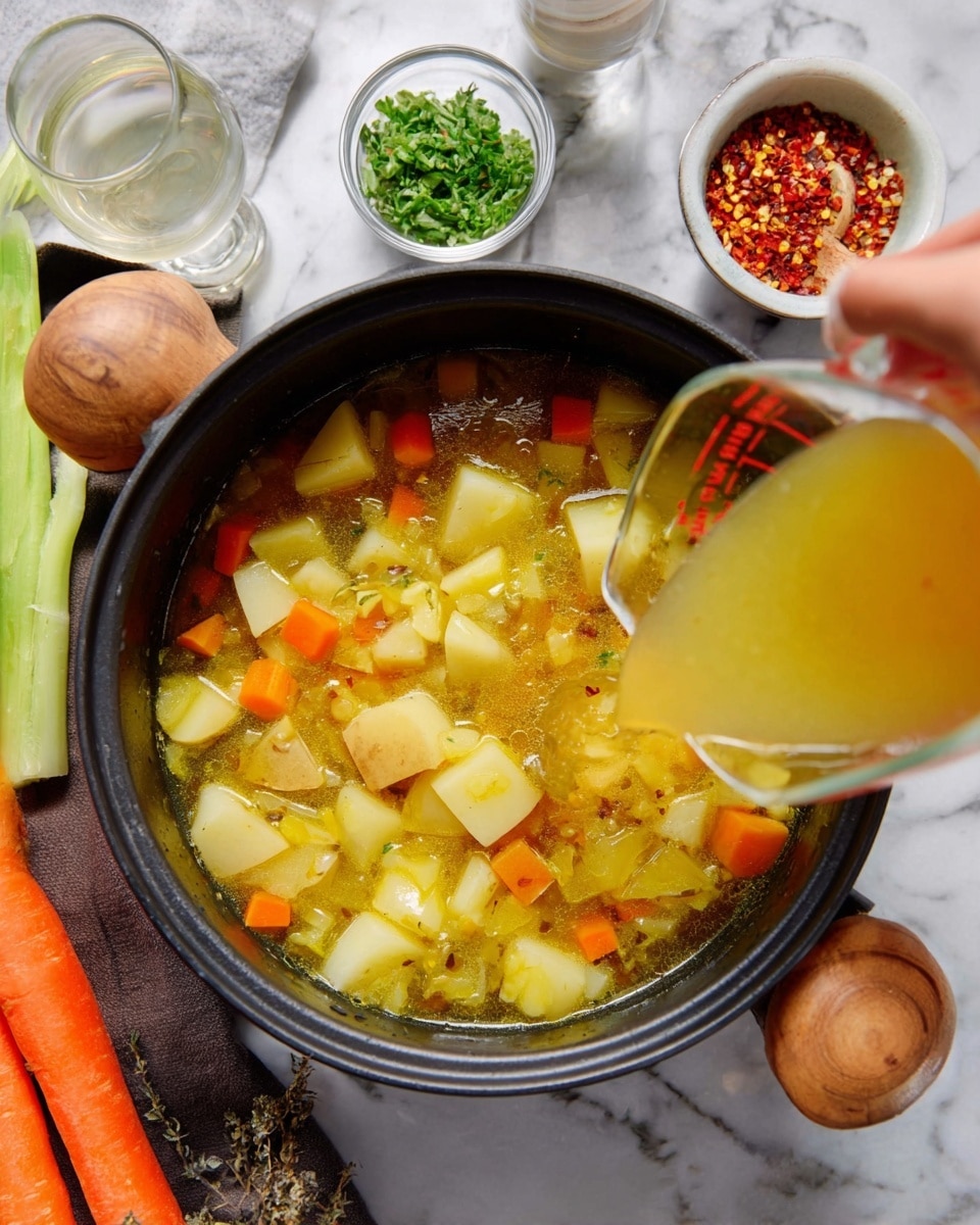 A black pot filled with a broth containing large chunks of light yellow potatoes and small pieces of orange carrots, with a woman's hand pouring clear golden liquid from a glass measuring cup into the pot, set on a white marbled surface. Around the pot, there are celery sticks and a whole carrot partially visible, a small white bowl of chopped green herbs, a small white bowl with red chili flakes, and a glass container with a white liquid. The pot has wooden handles on each side. Photo taken with an iphone --ar 4:5 --v 7