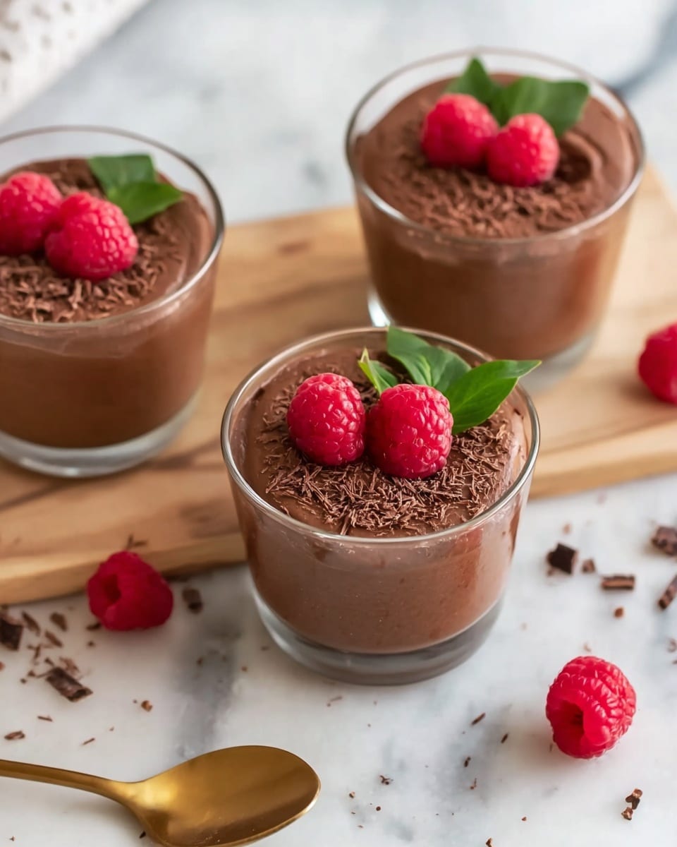 Three clear glass cups filled with one smooth layer of light brown chocolate mousse sit on a white marbled surface with a wooden board beneath them. Each mousse cup is topped with a fresh red raspberry and a small green leaf, with some chocolate shavings sprinkled lightly on top. Scattered red raspberries and chocolate shavings are on the white marbled surface around the cups, and there is a blurred plant in the background. photo taken with an iphone --ar 4:5 --v 7