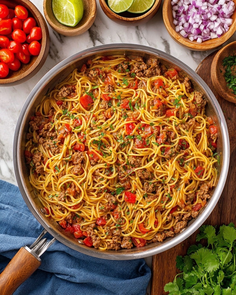 A white plate is filled with a generous layer of cooked spaghetti mixed with browned ground meat and sautéed onions, with scattered chunks of bright red diced tomatoes and small green herb pieces throughout. On top, there is a sprinkle of melted yellow cheese and a dollop of white sour cream sitting in the center, topped with chopped purple onion pieces and a half slice of lime resting on the sour cream. In the background, a large shiny metal pan filled with more spaghetti can be seen, all placed on a white marbled surface. photo taken with an iphone --ar 4:5 --v 7