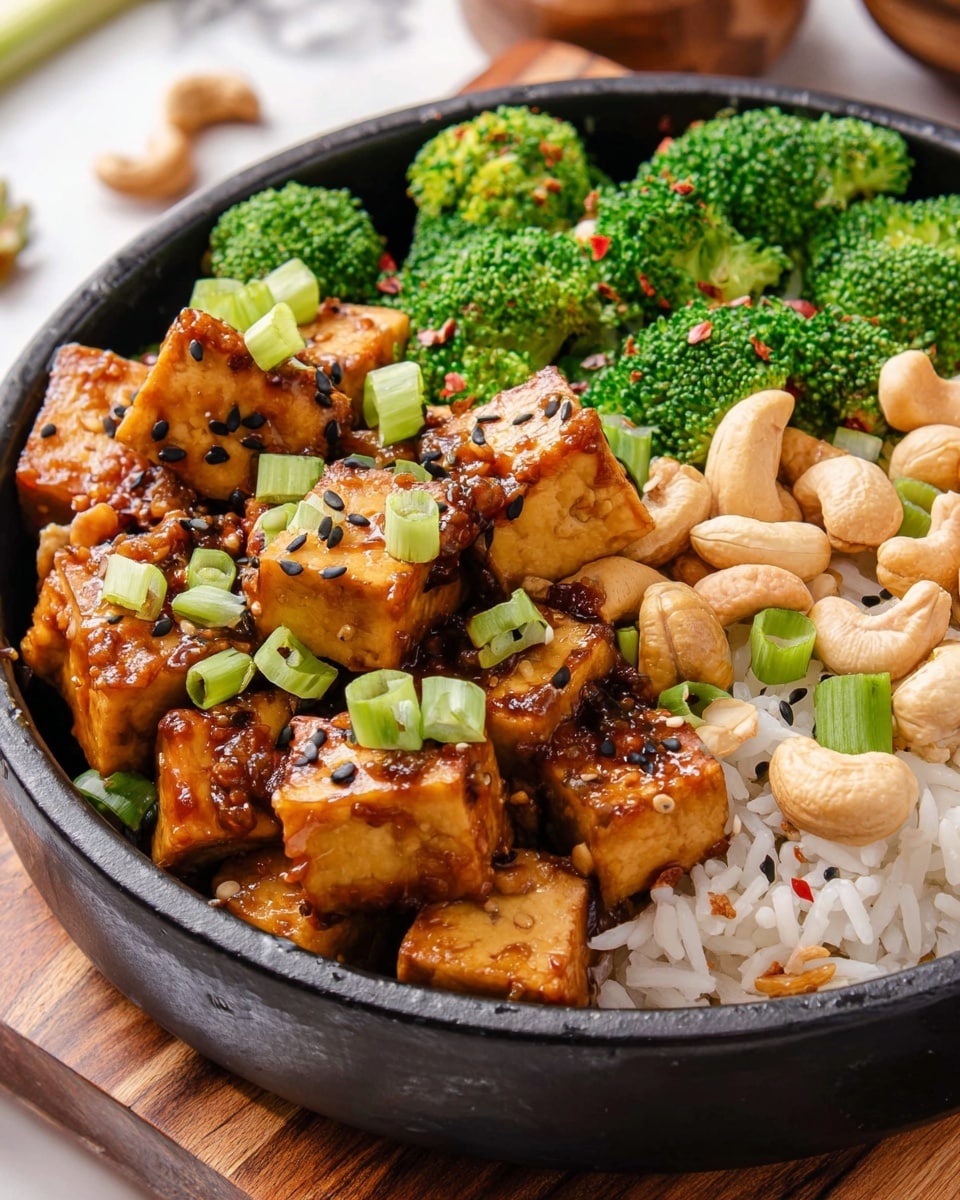 A close-up view of a black bowl filled with three main layers: the bottom layer is bright green fresh broccoli florets, the middle layer is white cooked rice with slight red chili flakes, and the top layer features golden-brown cubed tofu coated in a shiny brown sauce. Scattered over the top are whole light beige cashew nuts, black sesame seeds, and chopped green onions. The bowl is placed on a wooden surface with some blurred objects in the background, all set against a white marbled texture. Photo taken with an iphone --ar 4:5 --v 7