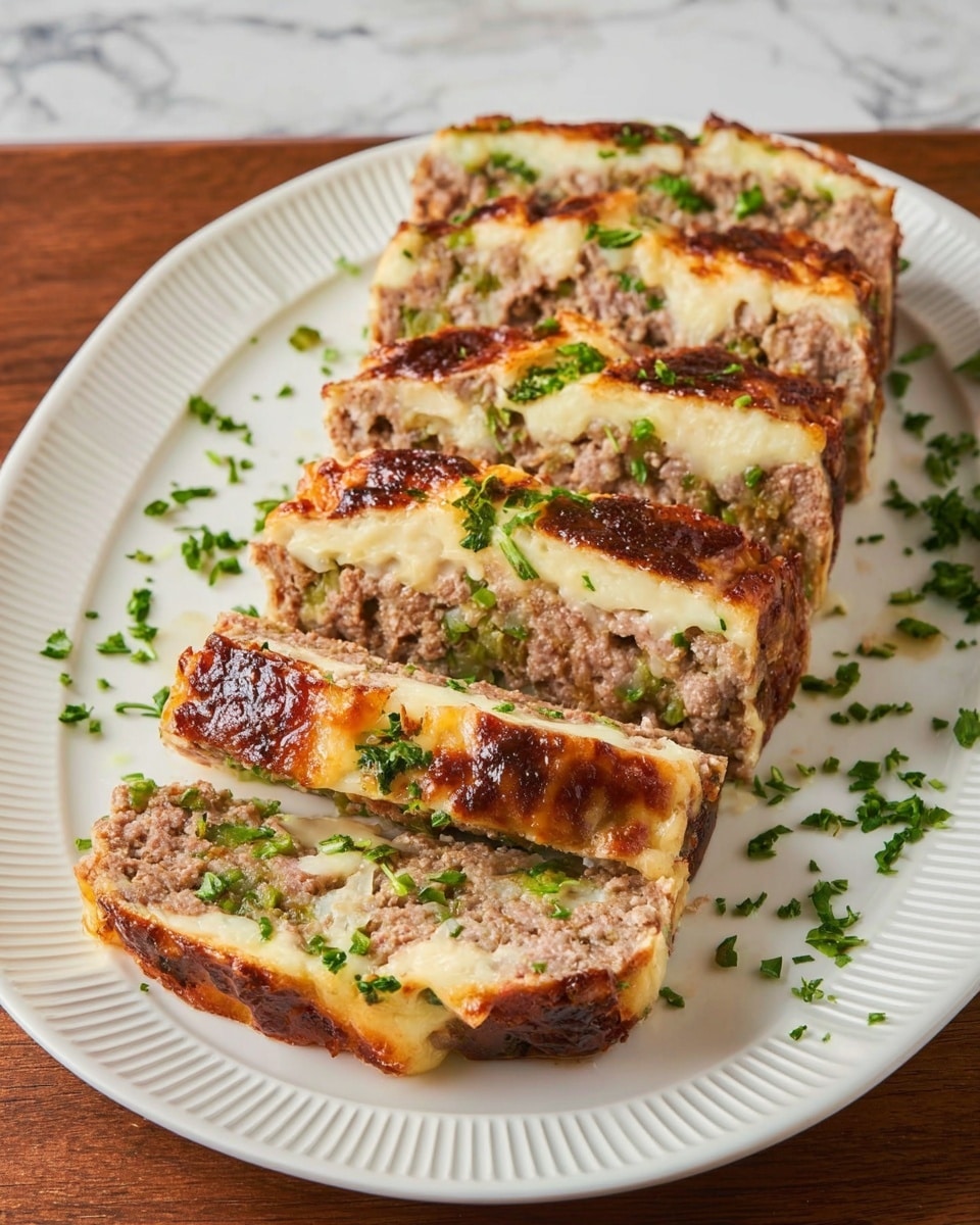 On a white plate with a ridged edge, six slices of a baked dish are neatly arranged in a slightly overlapping row. Each slice has a thick outer layer that is golden brown and slightly bubbly with melted cheese on top. Inside, there is a dense, finely ground meat filling mixed with small green vegetable pieces, all tightly packed together. Some fresh green herb crumbs are sprinkled over the slices and around the plate, adding color contrast. The plate sits on a wooden table with a white marbled background. photo taken with an iphone --ar 4:5 --v 7