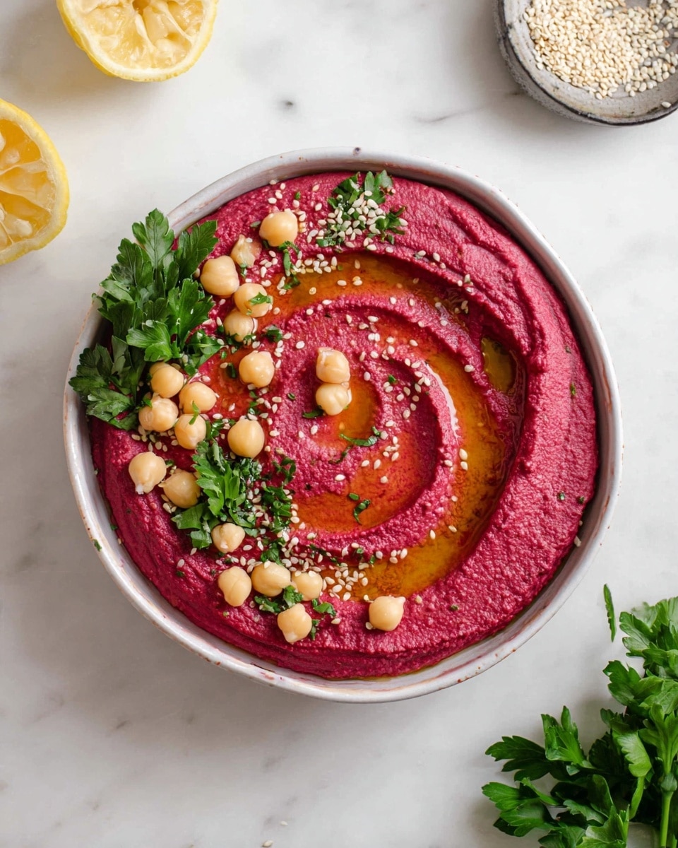 The image shows a clear food processor bowl filled with a smooth, thick, bright reddish-pink paste. The paste has a slightly textured surface with a swirl pattern in the center where the blade sits. Above the bowl, there is a small white dish with a cluster of light beige sesame seeds, and to the right, there is a bunch of fresh green parsley on a white marbled surface. Photo taken with an iphone --ar 4:5 --v 7