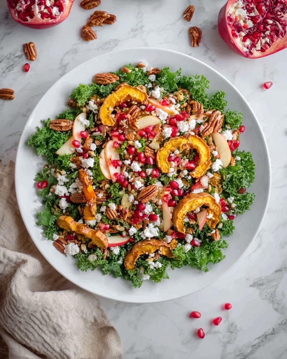 A large white bowl holds a colorful salad with curly green kale as the base layer, topped with scattered bright red pomegranate seeds, chunks of white cheese, and sliced yellow roasted squash arranged in spirals. There are also pecans, small pieces of apple, and light brown toasted seeds sprinkled evenly across the top, creating a mix of textures and earthy colors. In the softly blurred background, pieces of pomegranate with seeds are visible on a white marbled surface, adding depth to the image. photo taken with an iphone --ar 4:5 --v 7