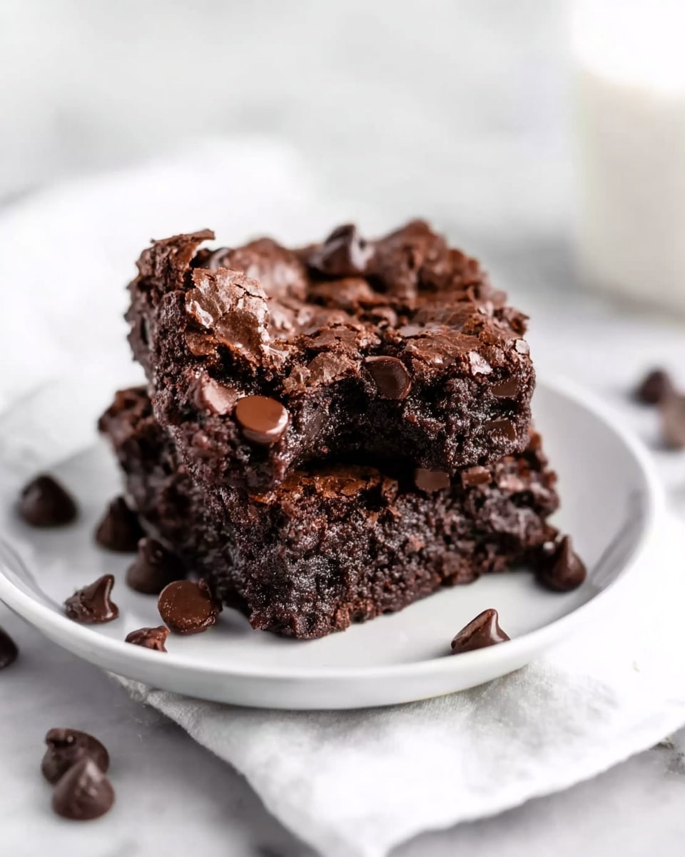 Two dark brown chocolate brownies with a rough, cracked top layer filled with melted chocolate chips sit stacked on a white plate. The top brownie shows visible, shiny chocolate chips embedded in the dense, fudgy texture, with one bite taken from the bottom edge revealing a moist interior. Scattered chocolate chips surround the plate, which rests on a folded white cloth on a white marbled surface. Photo taken with an iphone --ar 4:5 --v 7